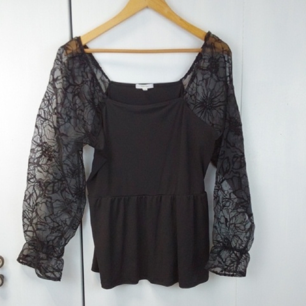 Maurices| Black Peplum Blouse Sheer Lace Sleeves Edgy Goth Punk Sz.L
